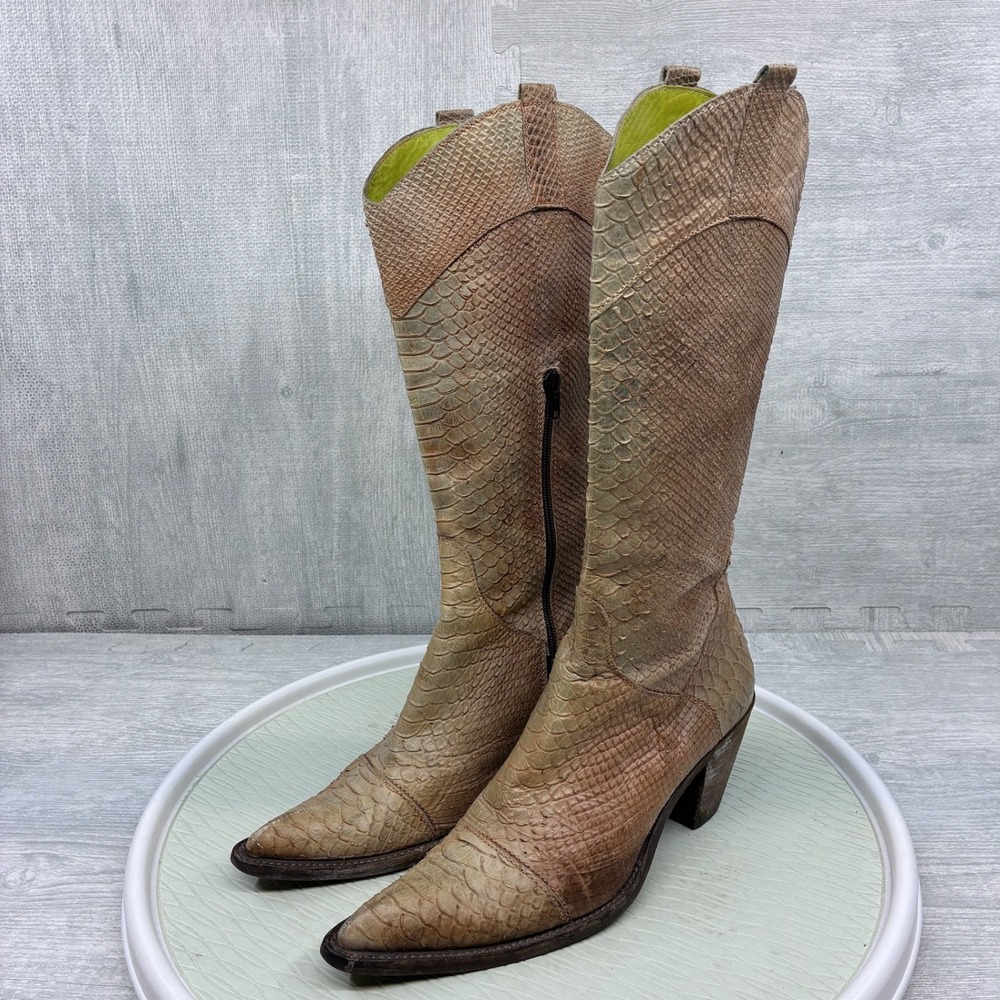 Vero Cuoio Western Boots Women's 39.5 Tan Snake Embossed Leather Made in Italy